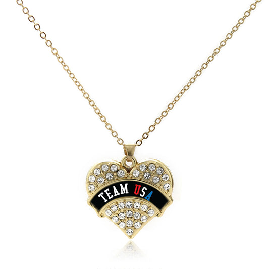 Gold Team USA - Black Banner Pave Heart Charm Classic Necklace