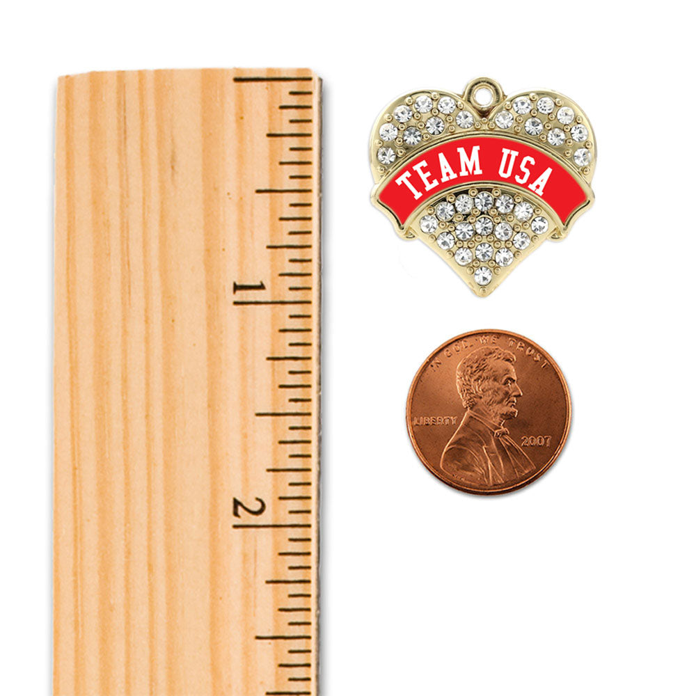 Gold Team USA - Red Banner Pave Heart Charm Classic Necklace