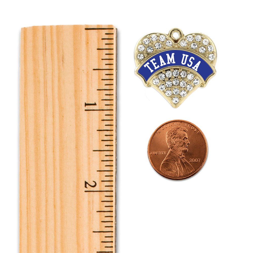 Gold Team USA - Blue Banner Pave Heart Charm Classic Necklace