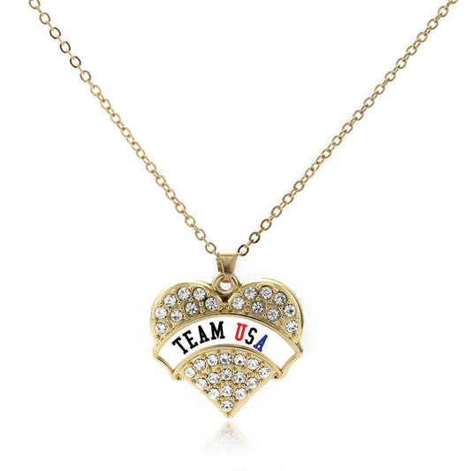 Gold Team USA - White Banner Pave Heart Charm Classic Necklace