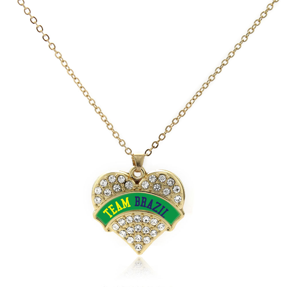 Gold Team Brazil Pave Heart Charm Classic Necklace