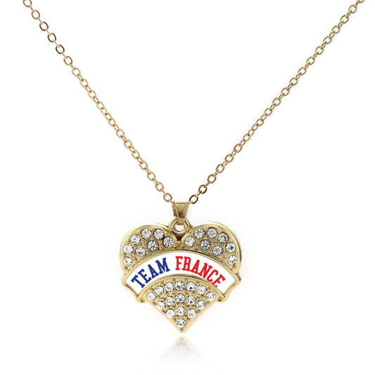 Gold Team France Pave Heart Charm Classic Necklace