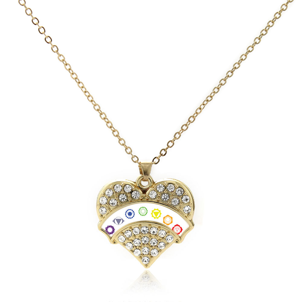 Gold Chakra Symbols - White Banner Pave Heart Charm Classic Necklace