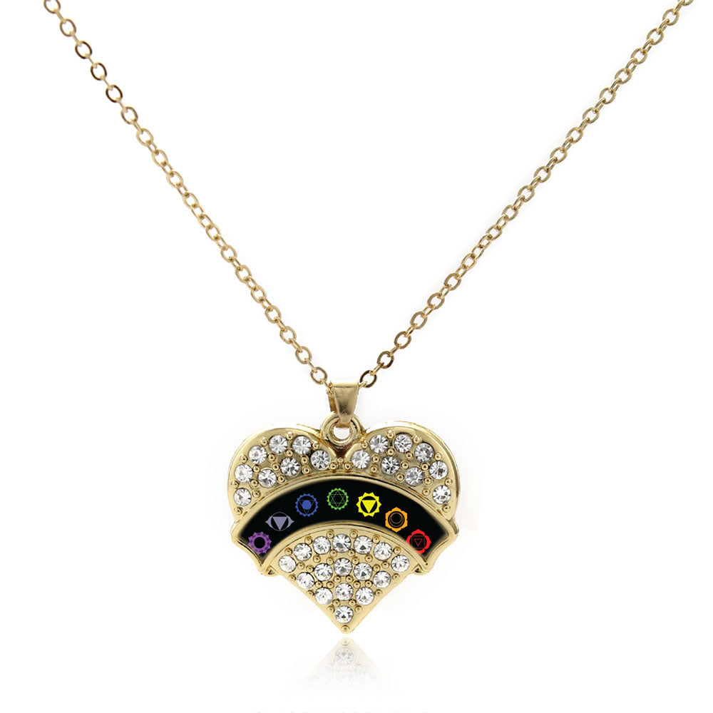 Gold Chakra Symbols - Black Banner Pave Heart Charm Classic Necklace