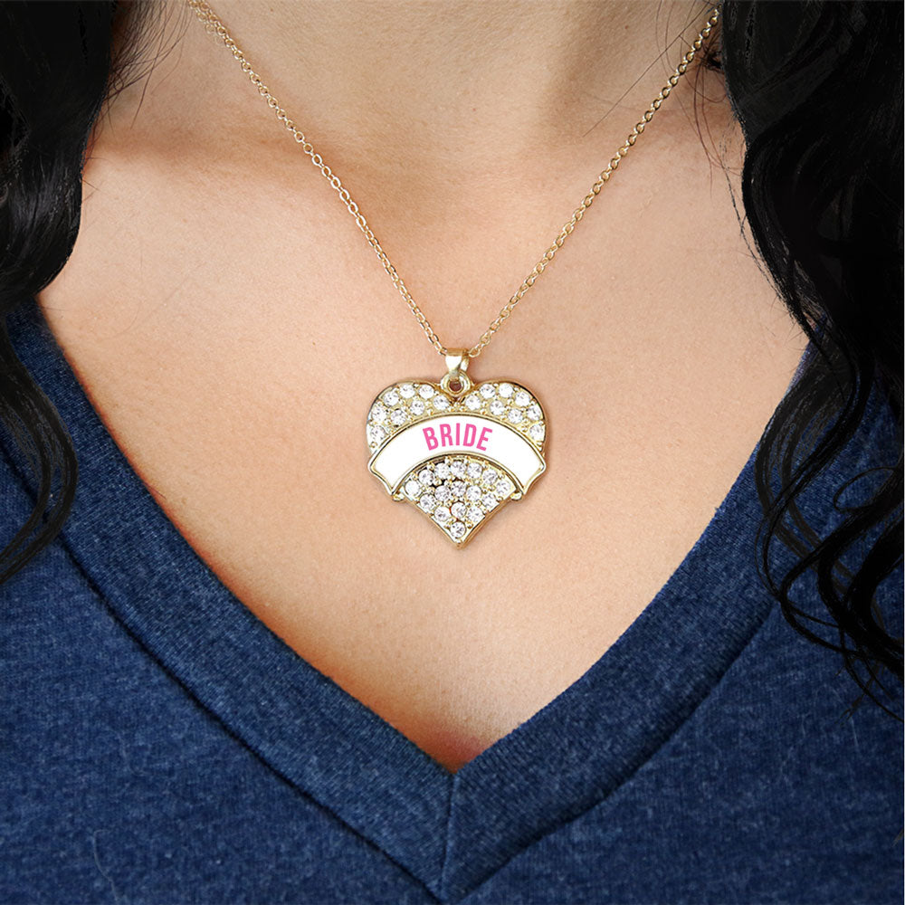 Gold BRIDE Pave Heart Charm Classic Necklace