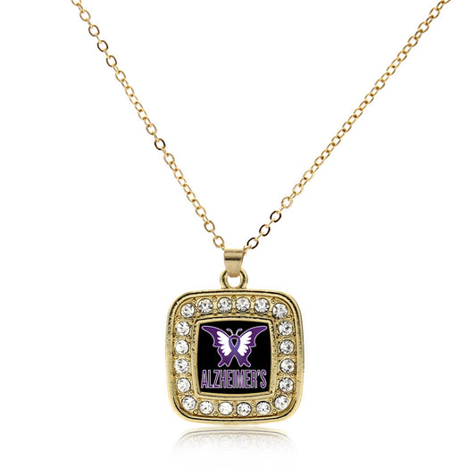 Gold Alzheimers Awareness Square Charm Classic Necklace