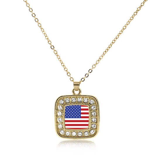 Gold American Flag Square Charm Classic Necklace