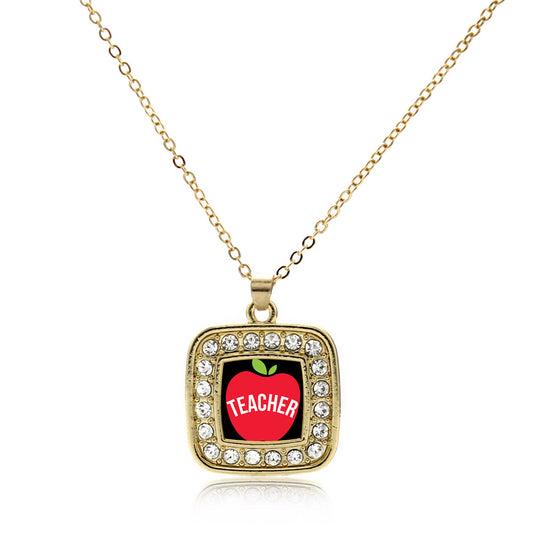 Gold Apples Are For Teachers Square Charm Classic Necklace