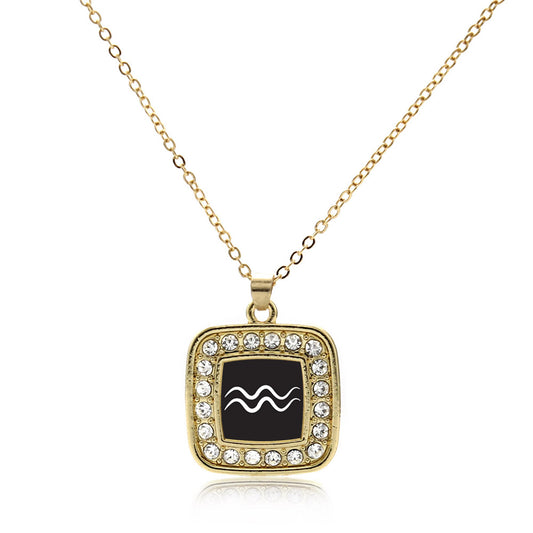 Gold Aquarius Zodiac Square Charm Classic Necklace