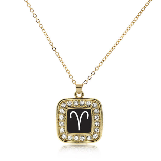 Gold Aries Zodiac Square Charm Classic Necklace