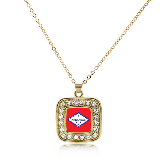 Gold Arkansas Flag Square Charm Classic Necklace