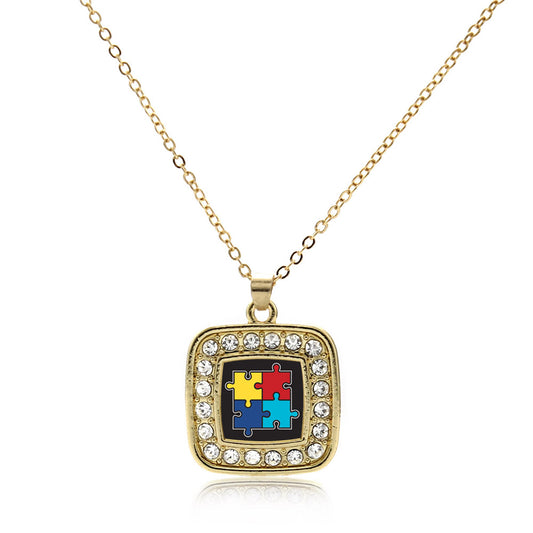 Gold Autism Awareness Jigsaw Square Charm Classic Necklace