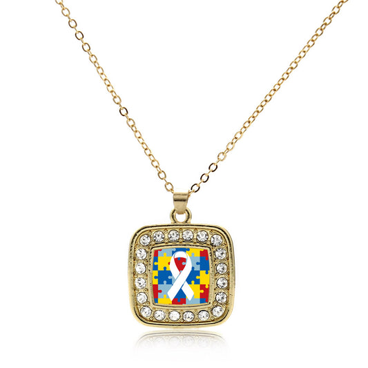 Gold Autism Jigsaw Puzzle Square Charm Classic Necklace