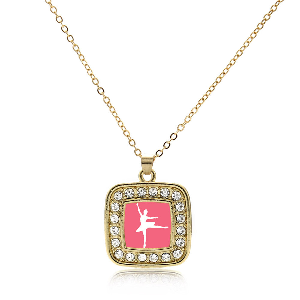 Gold Ballerina Dancer Square Charm Classic Necklace
