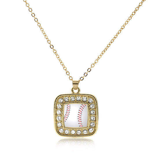 Gold Baseball Square Charm Classic Necklace