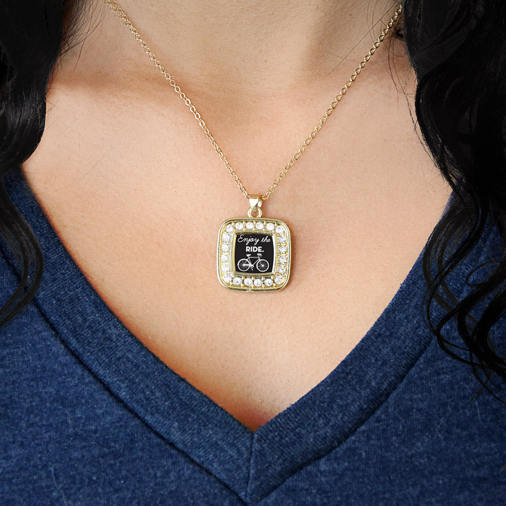 Gold Bicyclist Square Charm Classic Necklace