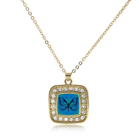 Gold Blue Butterfly Square Charm Classic Necklace