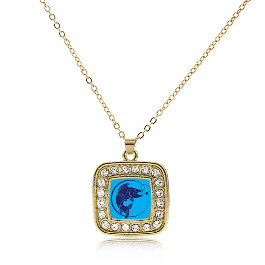 Gold Blue Fishing Square Charm Classic Necklace