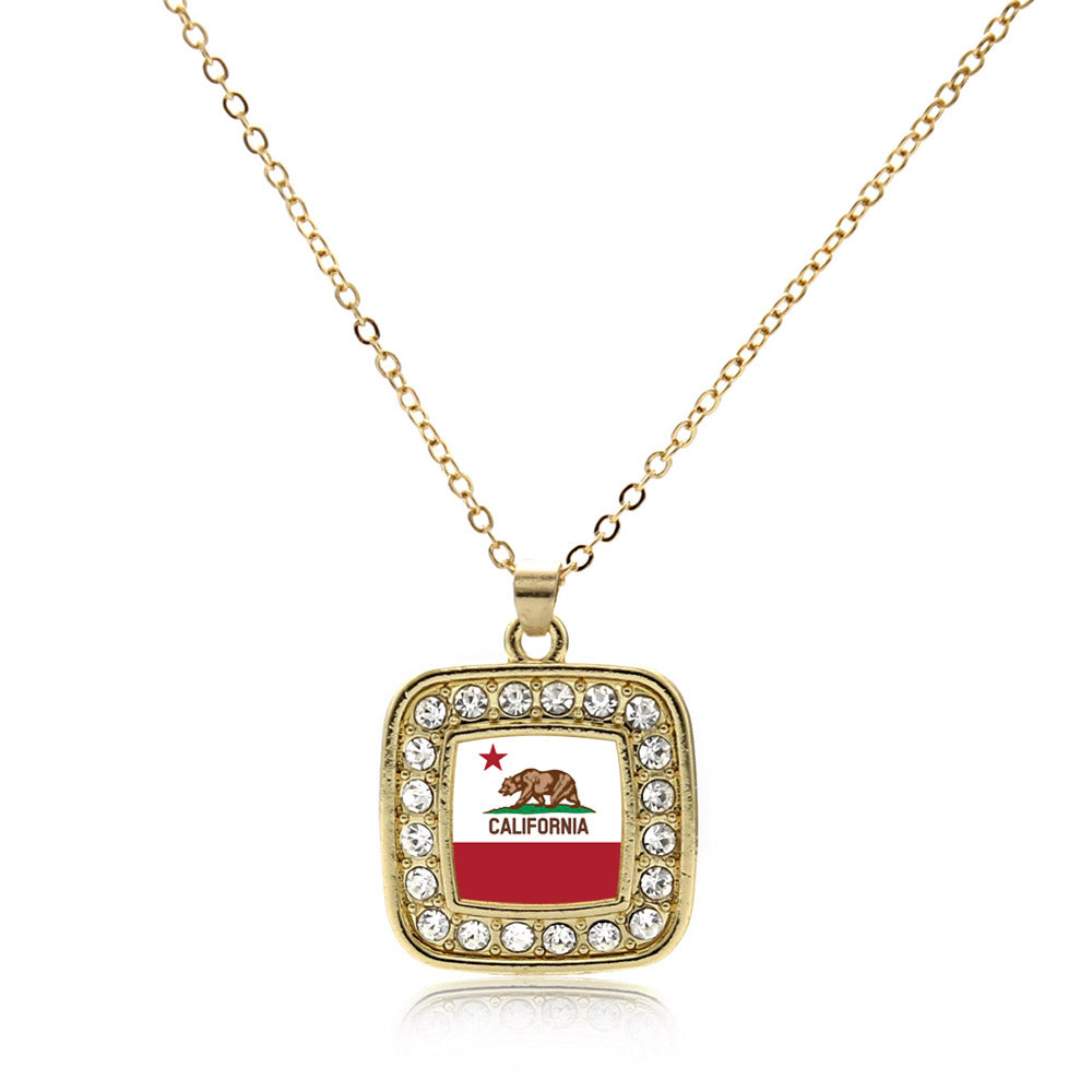 Gold California Flag Square Charm Classic Necklace