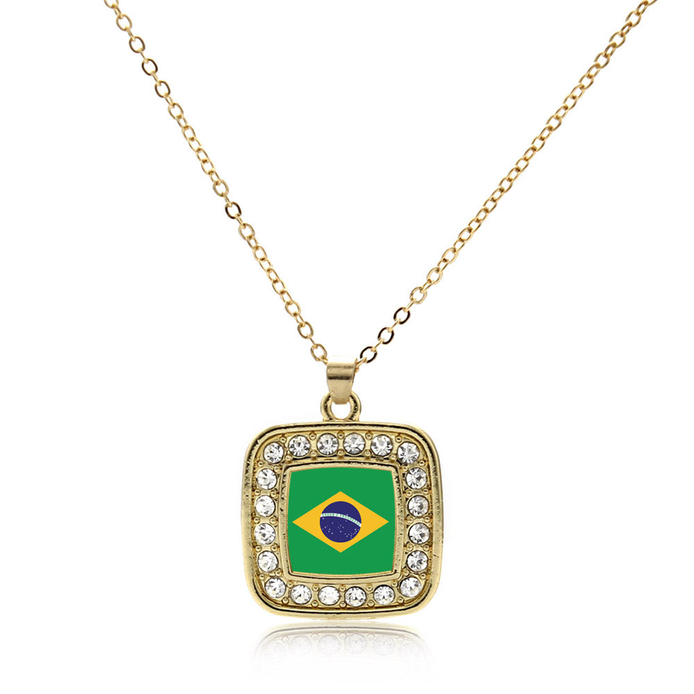 Gold Brazilian Flag Square Charm Classic Necklace