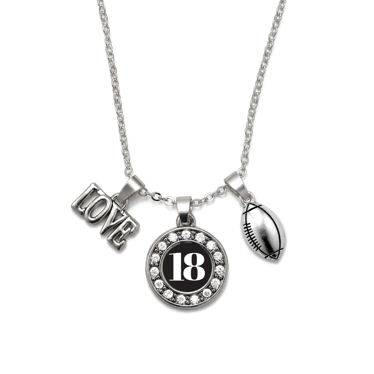 Silver Football - Sports Number 18 Circle Charm Classic Necklace