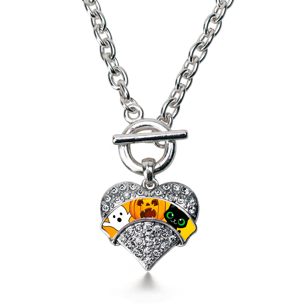 Silver Cute Halloween Trio Pave Heart Charm Toggle Necklace