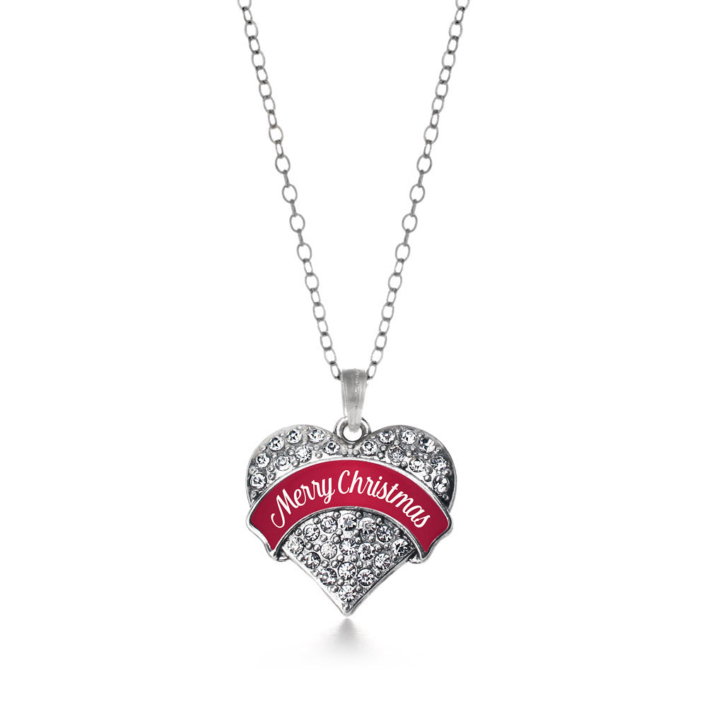 Silver Red Merry Christmas Pave Heart Charm Classic Necklace