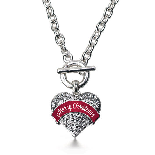 Silver Red Merry Christmas Pave Heart Charm Toggle Necklace