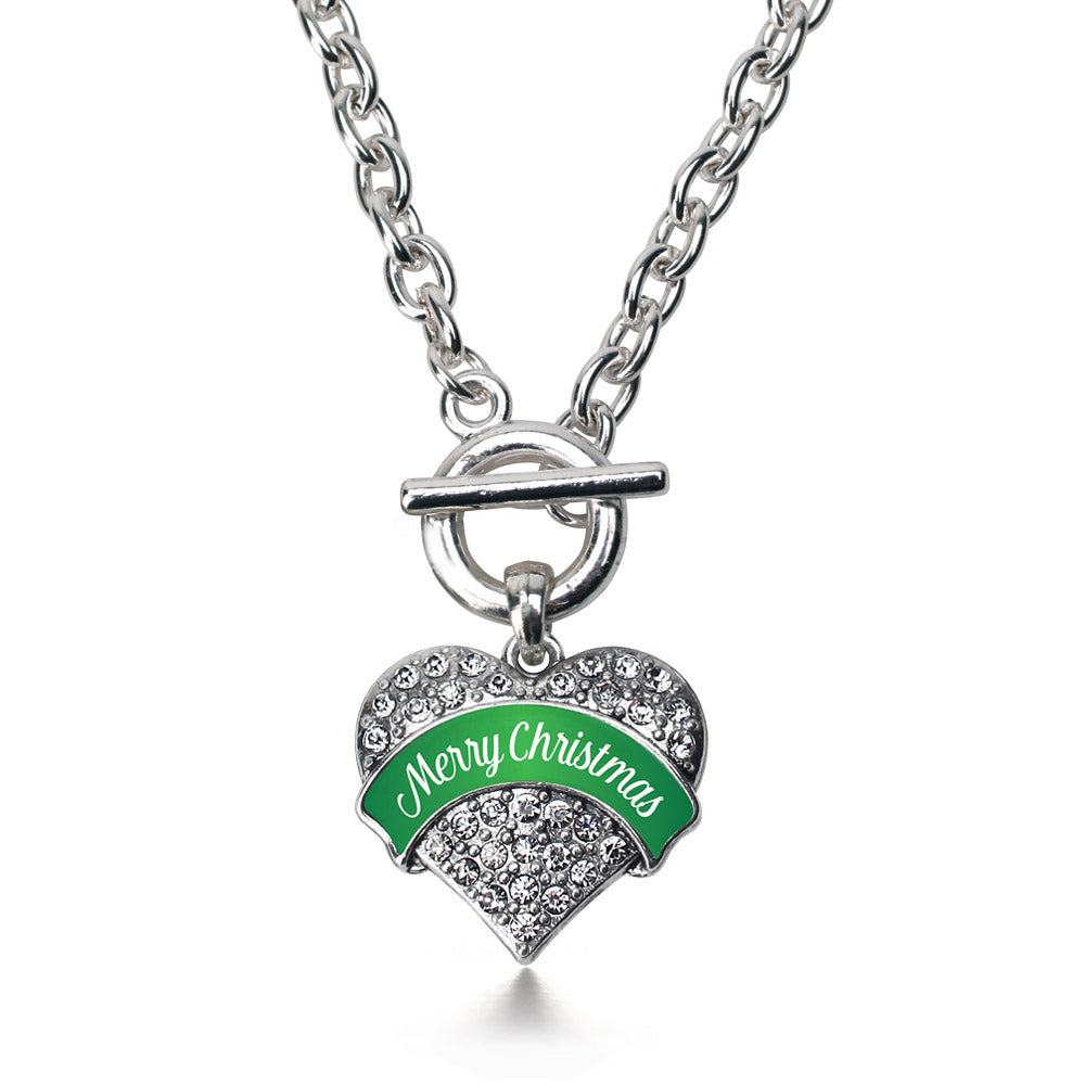 Silver Green Merry Christmas Pave Heart Charm Toggle Necklace