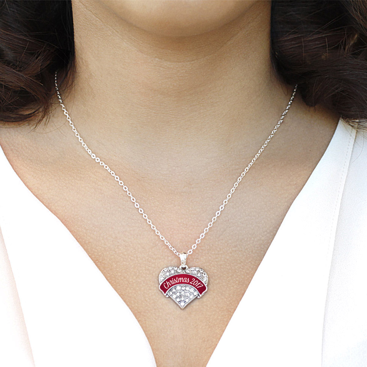 Silver Red Christmas 2017 Pave Heart Charm Classic Necklace