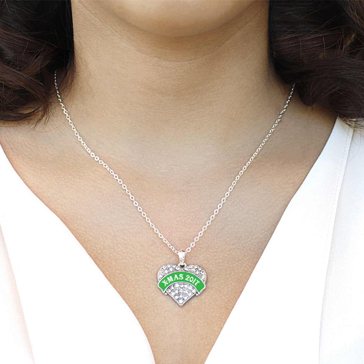 Silver Green X-mas 2017 Pave Heart Charm Classic Necklace