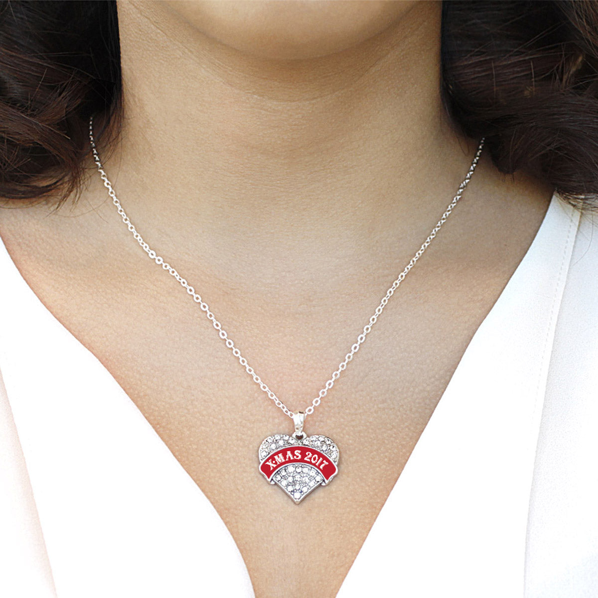 Silver Red X-mas - 2018 Pave Heart Charm Classic Necklace