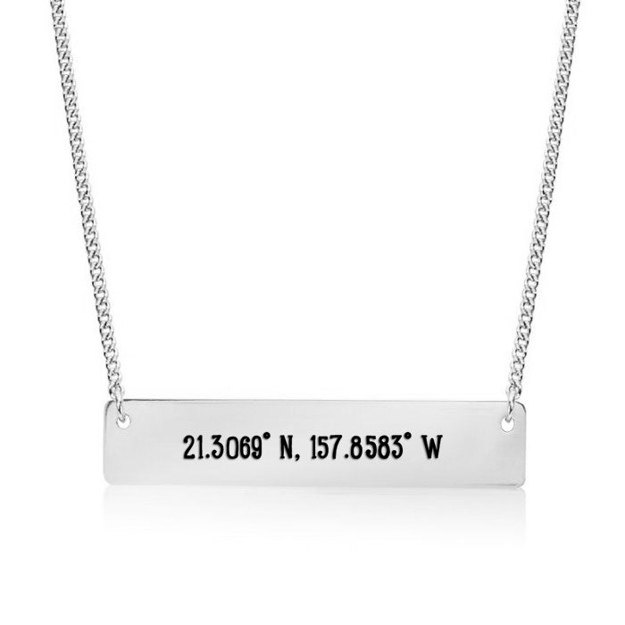 Silver Honolulu,HI - Coordinates Bar Necklace