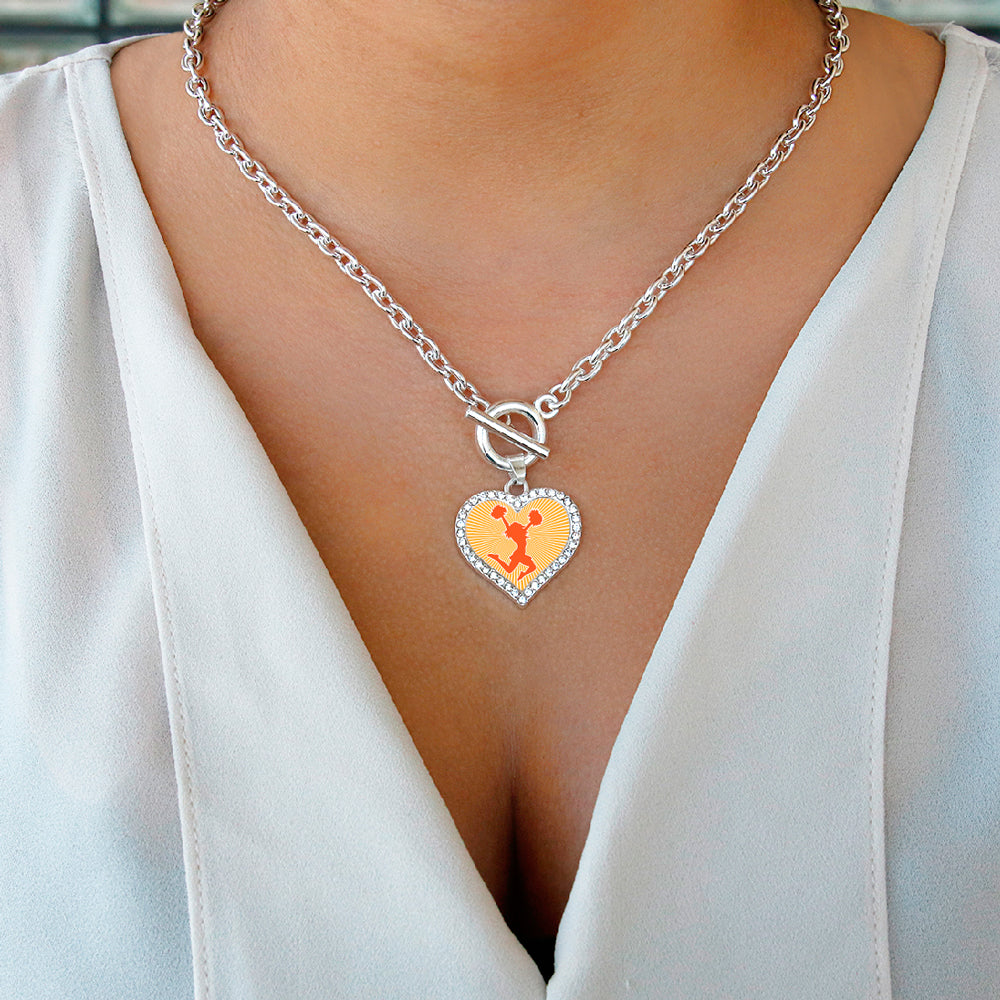 Silver Cheerleader - Orange Open Heart Charm Toggle Necklace