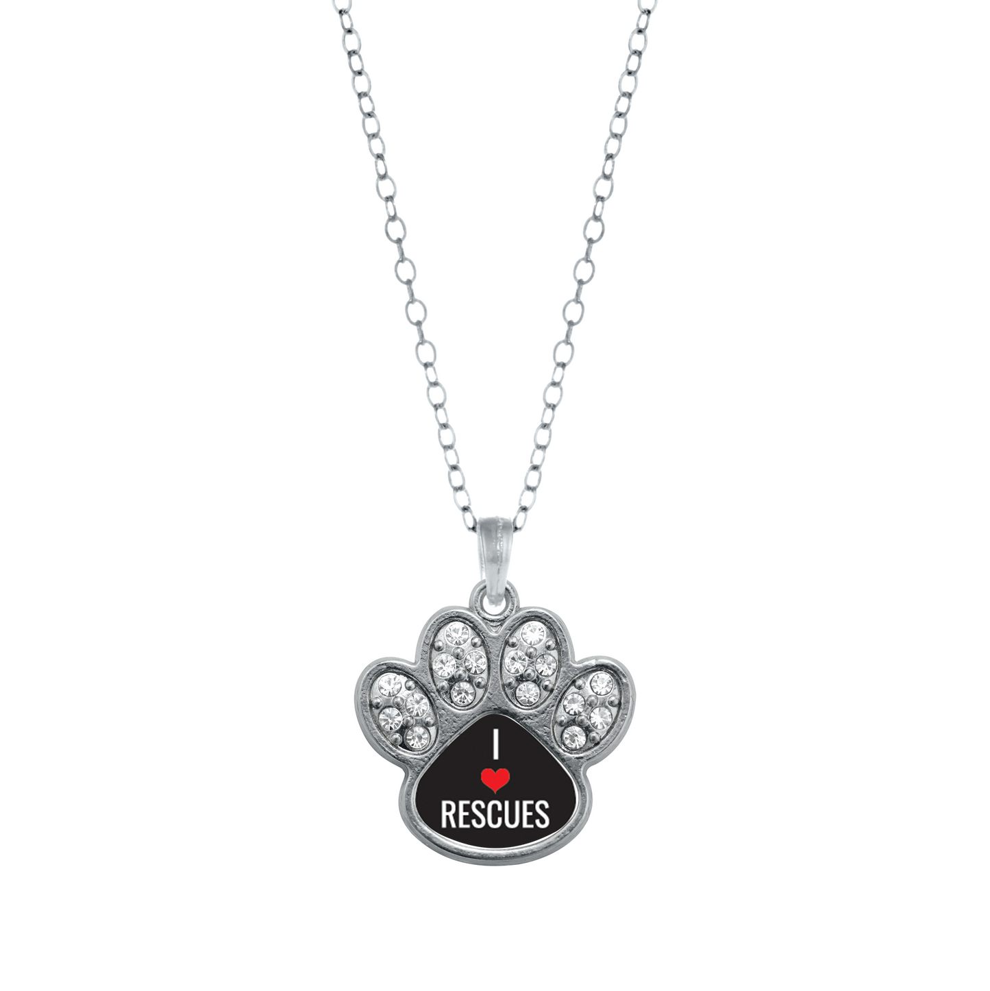 Silver I Heart Rescues Pave Paw Charm Classic Necklace