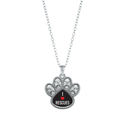 Silver I Heart Rescues Pave Paw Charm Classic Necklace