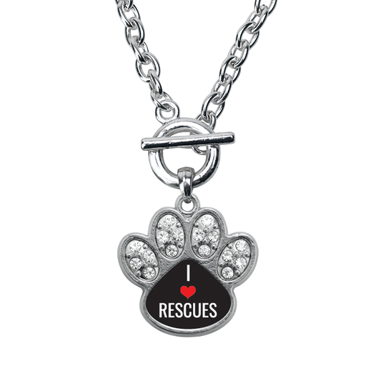 Silver I Heart Rescues Pave Paw Charm Toggle Necklace