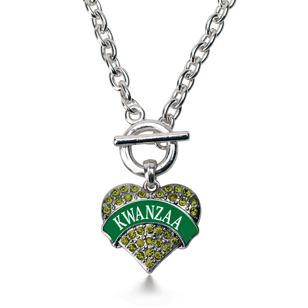 Silver Green Kwanzaa Green Pave Heart Charm Toggle Necklace