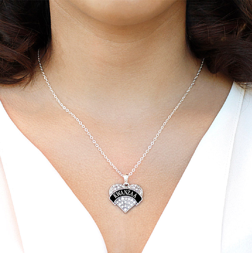 Silver Black Kwanzaa Pave Heart Charm Classic Necklace