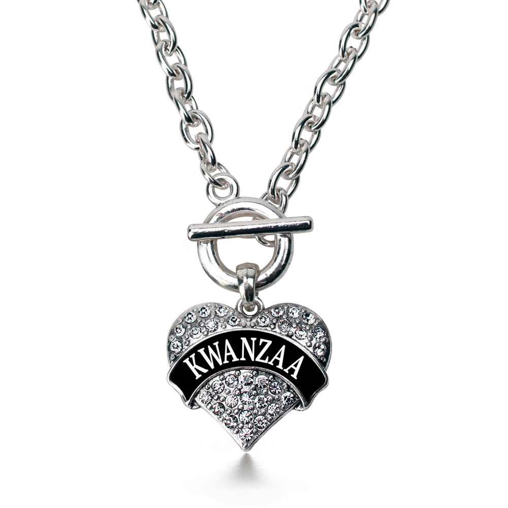 Silver Black Kwanzaa Pave Heart Charm Toggle Necklace