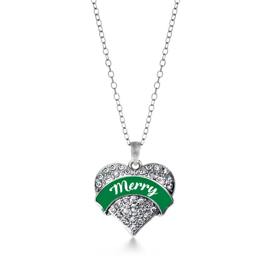Silver Green Merry Pave Heart Charm Classic Necklace