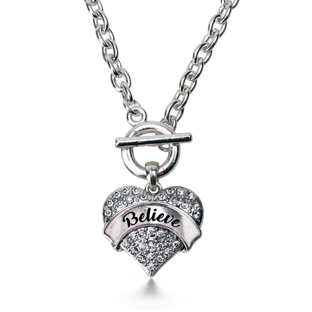 Silver Believe Pave Heart Charm Toggle Necklace