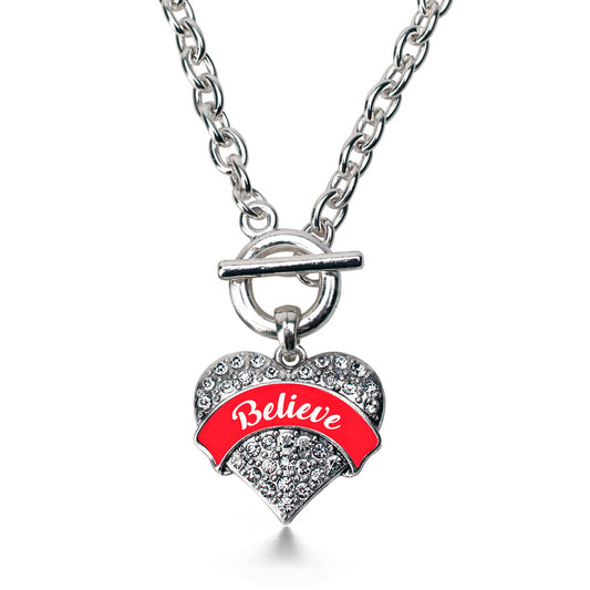 Silver Red Believe Pave Heart Charm Toggle Necklace