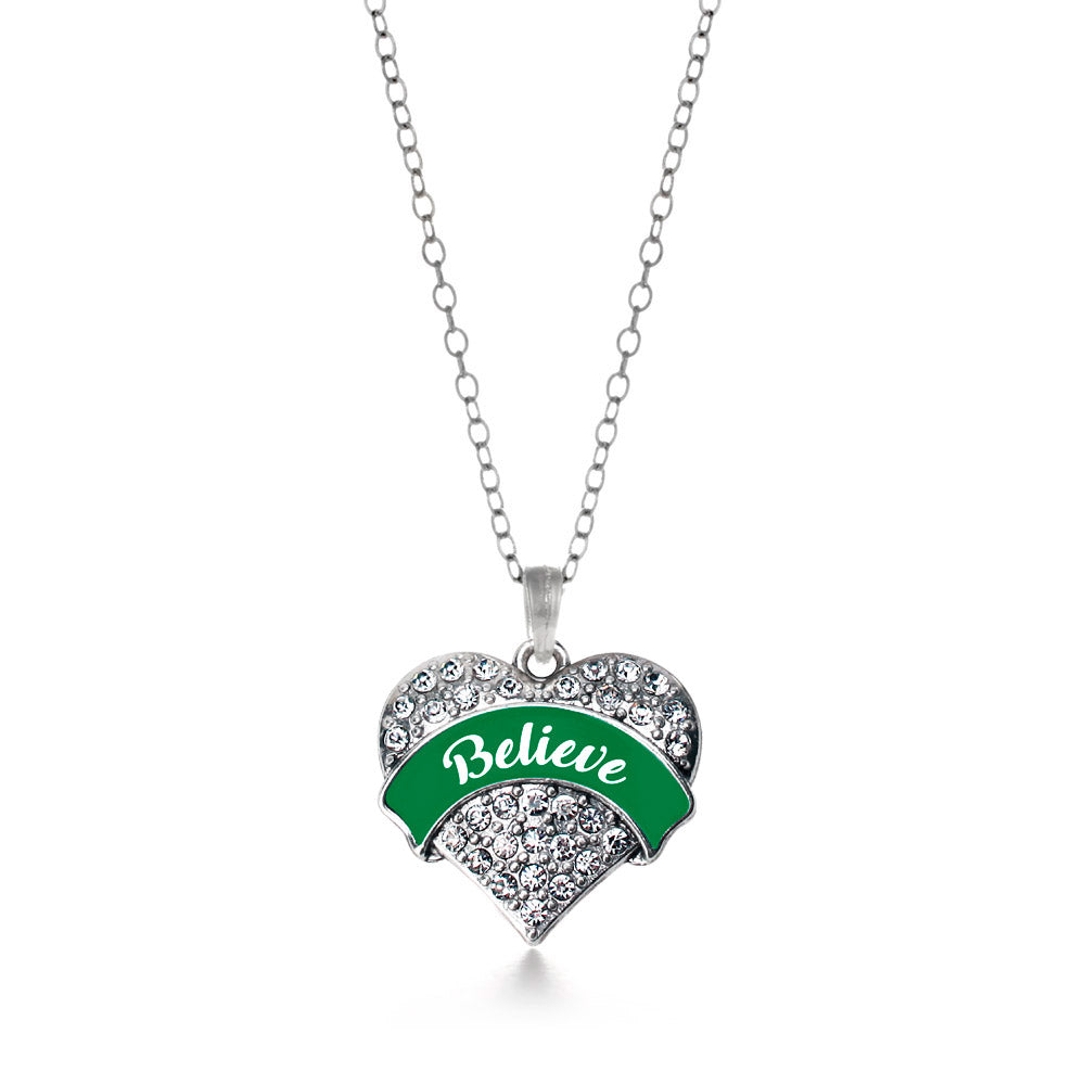 Silver Green Believe Pave Heart Charm Classic Necklace