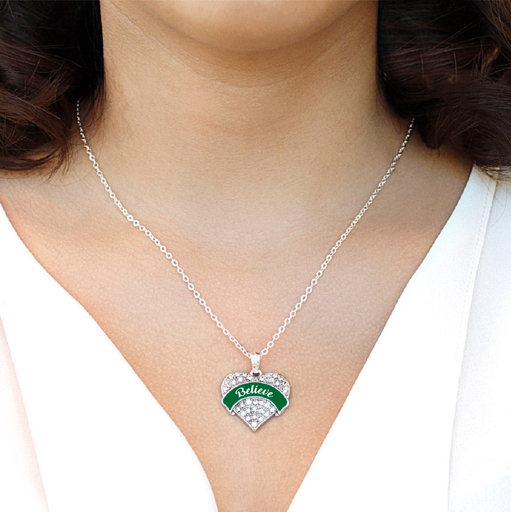 Silver Green Believe Pave Heart Charm Classic Necklace