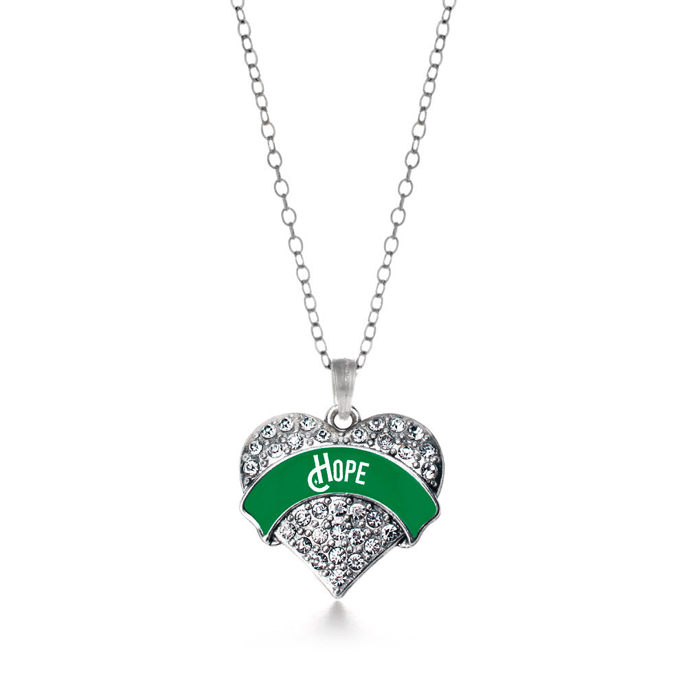 Silver Green Hope Pave Heart Charm Classic Necklace