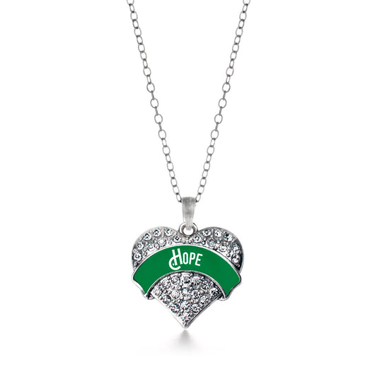Silver Green Hope Pave Heart Charm Classic Necklace