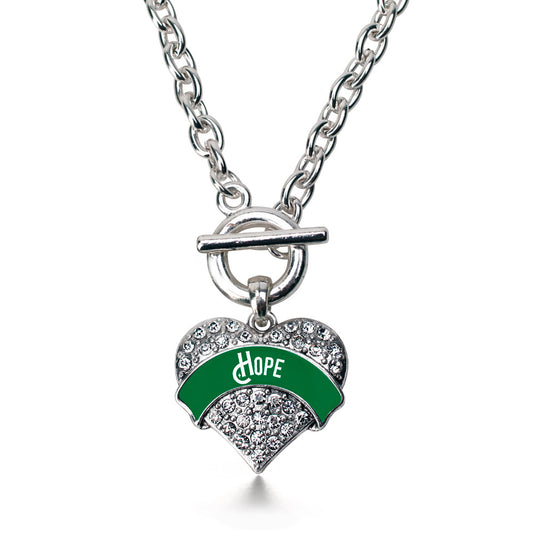 Silver Green Hope Pave Heart Charm Toggle Necklace