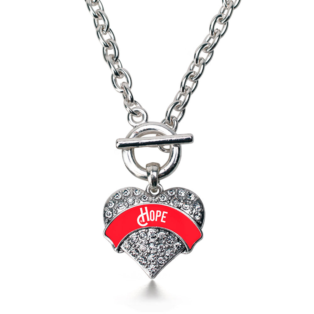 Silver Red Hope Pave Heart Charm Toggle Necklace