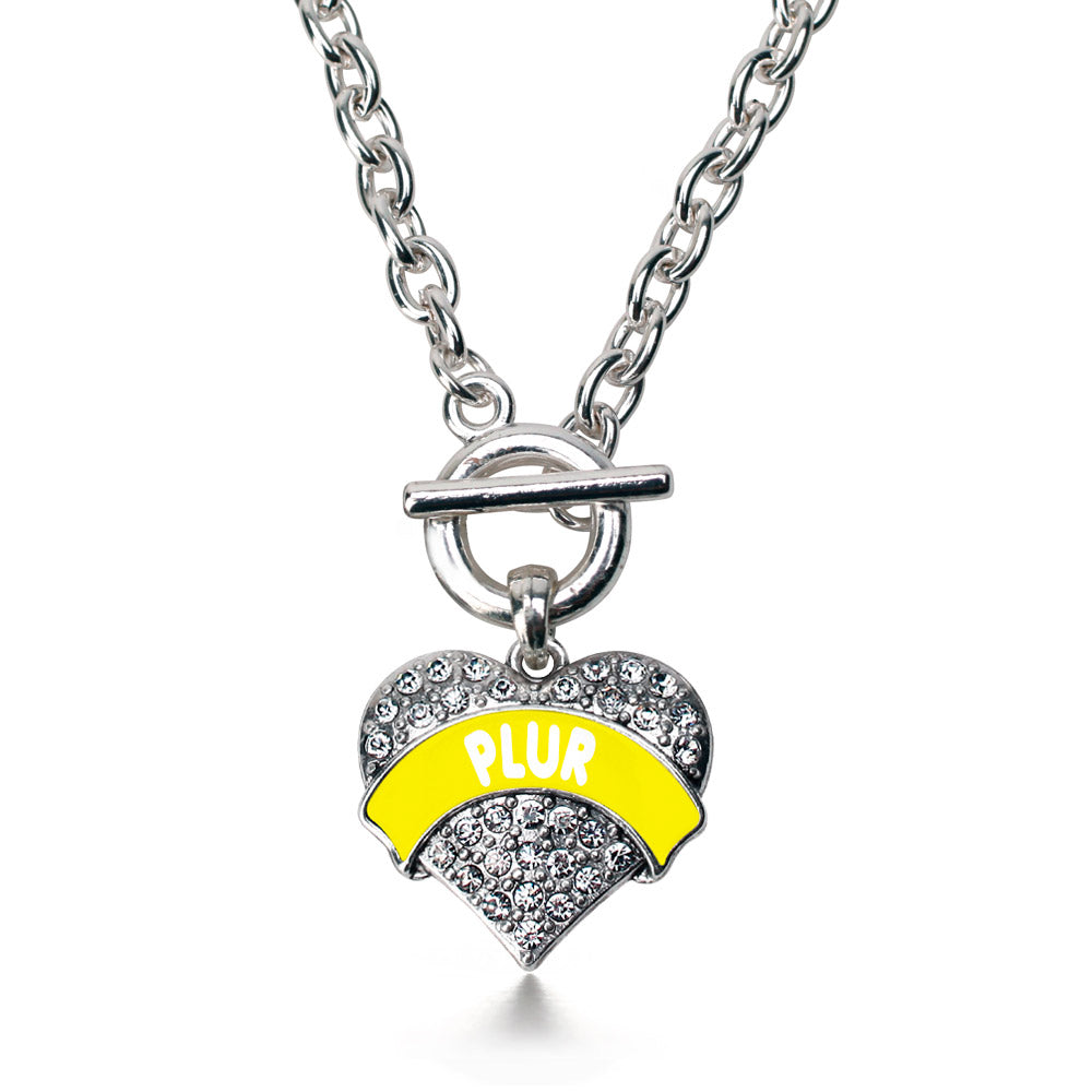 Silver Yellow PLUR Pave Heart Charm Toggle Necklace